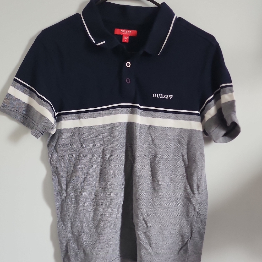 Guess Blue and Gray Polo Shirt with Color-Blocked Design